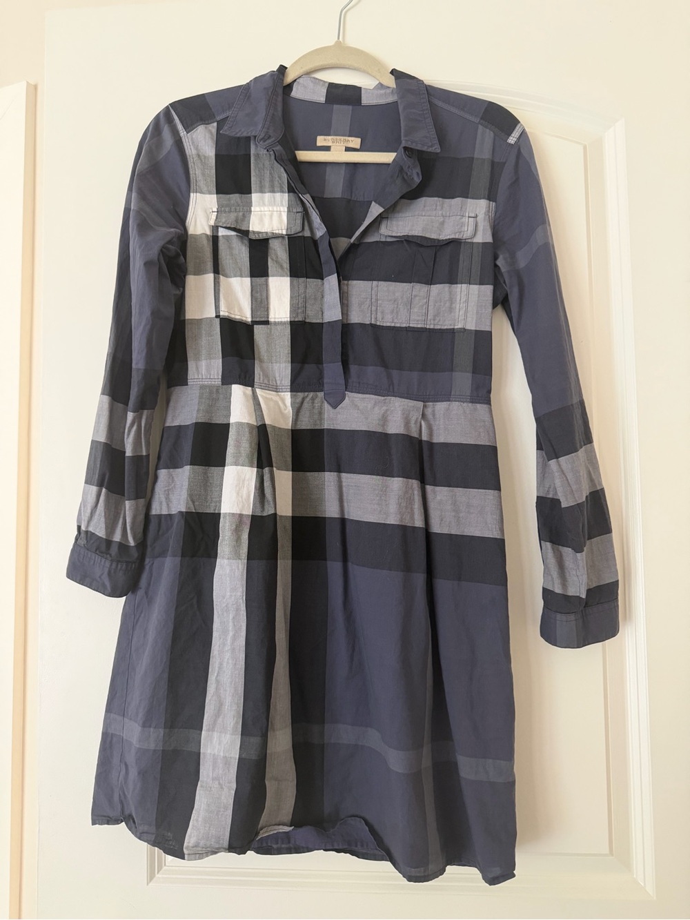 Burberry Navy and Gray Plaid Long-Sleeve Shirt Dress
